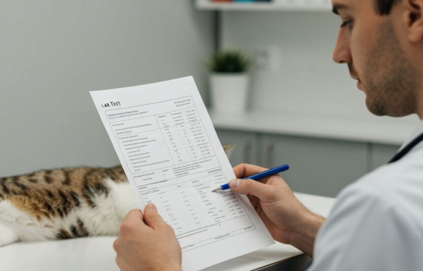 врач изучает листок с анализами, кот лежит рядом